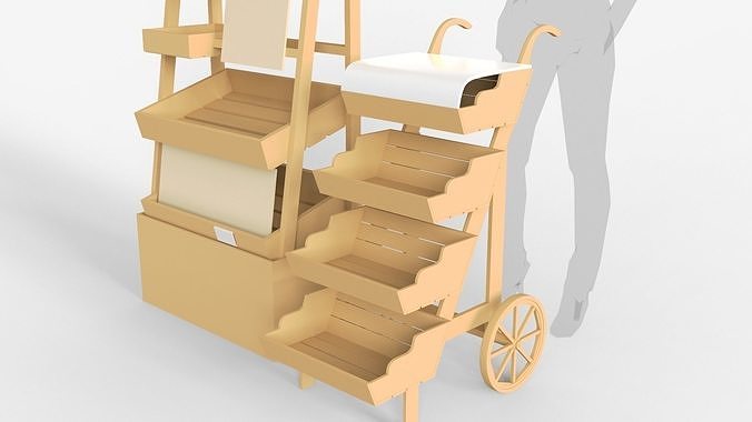 Wooden Display With Cart 3D model 2