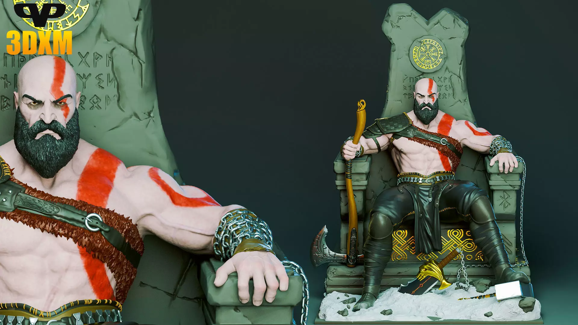 Kratos on Throne for 3D Printing STL 3D print model_0