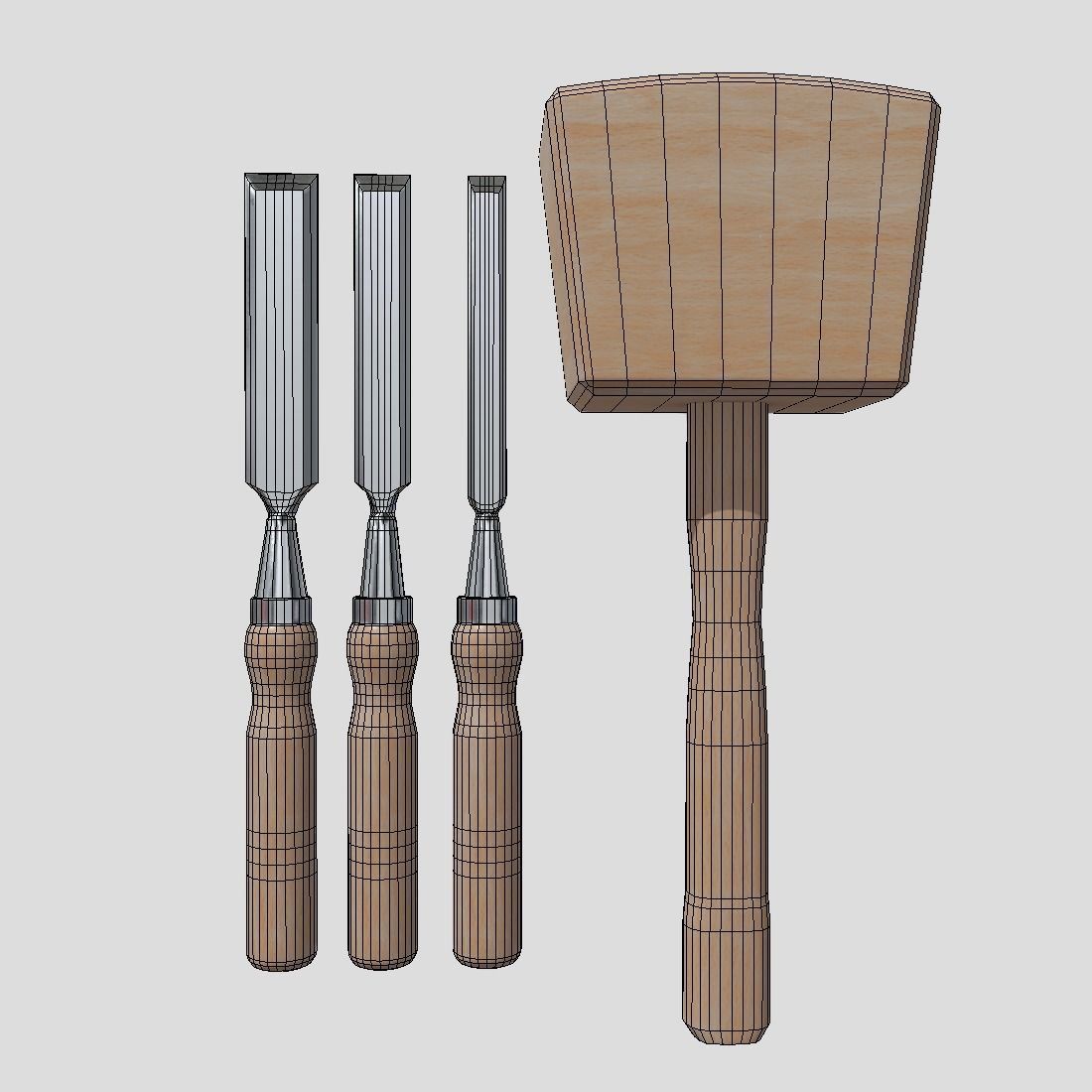Chisel Pack With Hammer Low-poly 3D model_3