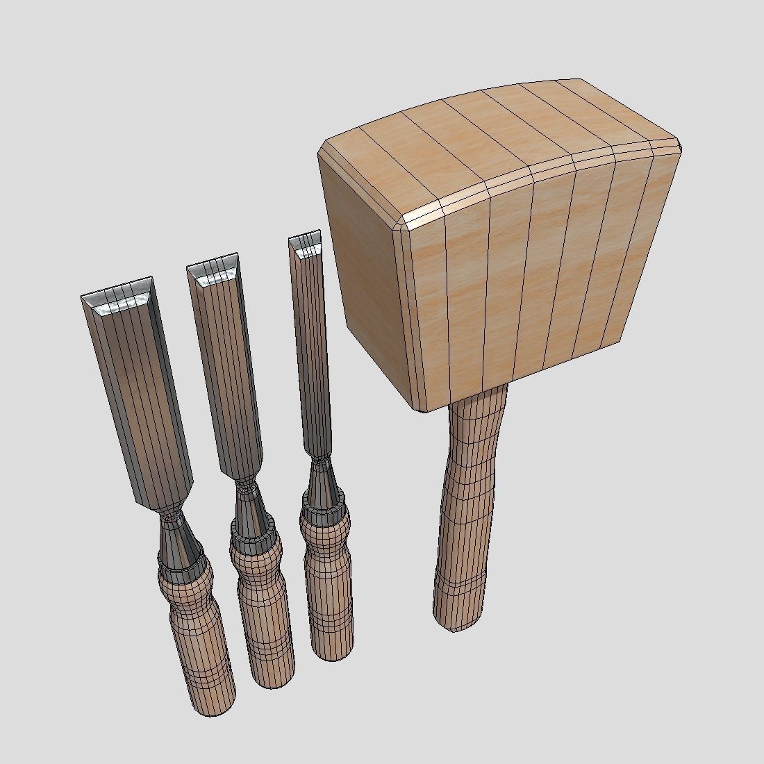 Chisel Pack With Hammer Low-poly 3D model_5