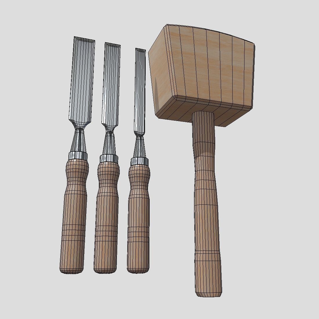 Chisel Pack With Hammer Low-poly 3D model_1