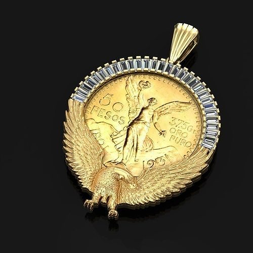 pesos gold coin pendant with eagle and diamonds 3D print model