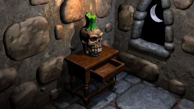 Skull candle holder on a side table - 10 or 48k versions Free low-poly 3D model