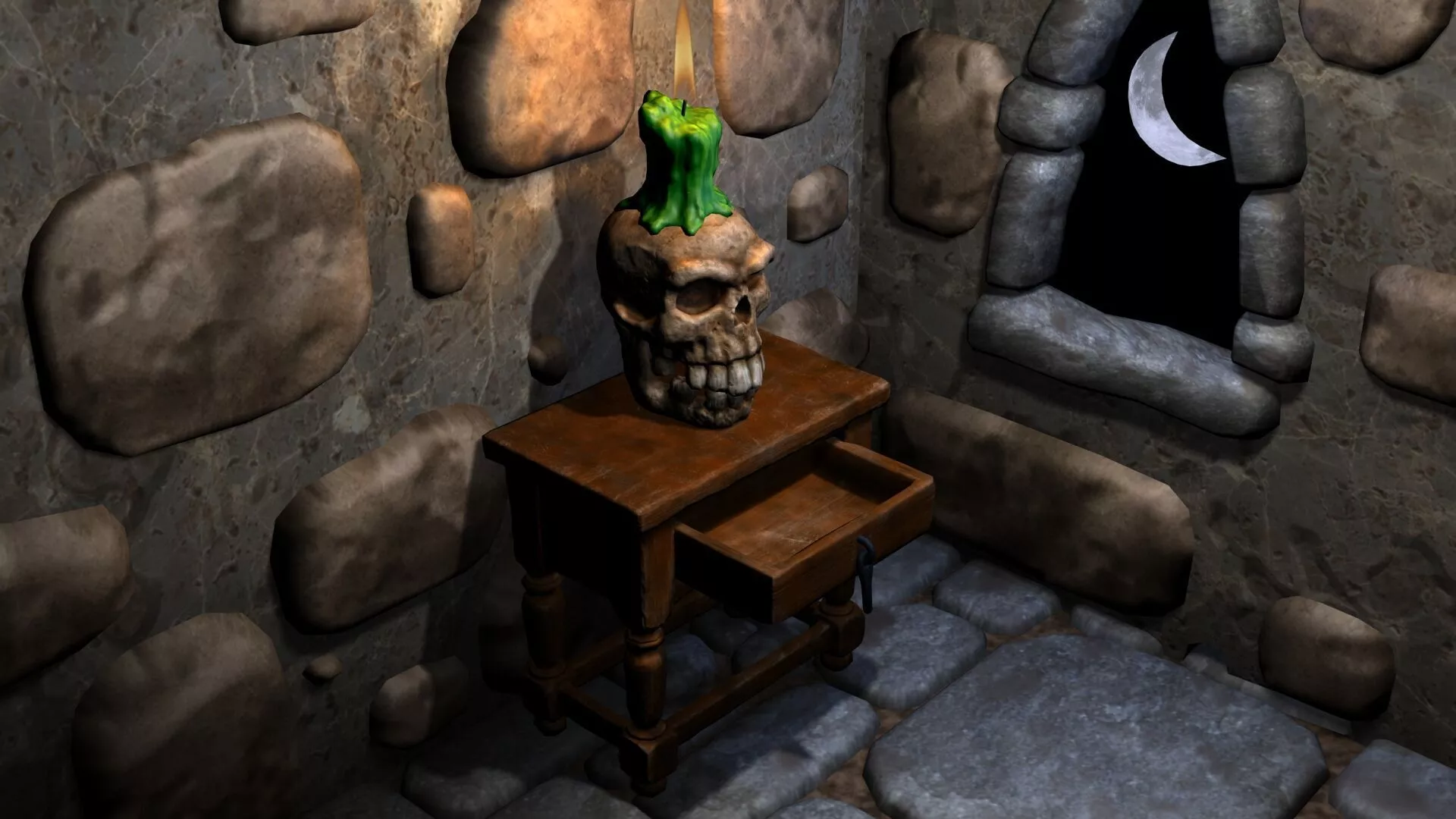 Skull candle holder on a side table - 10 or 48k versions Free low-poly 3D model