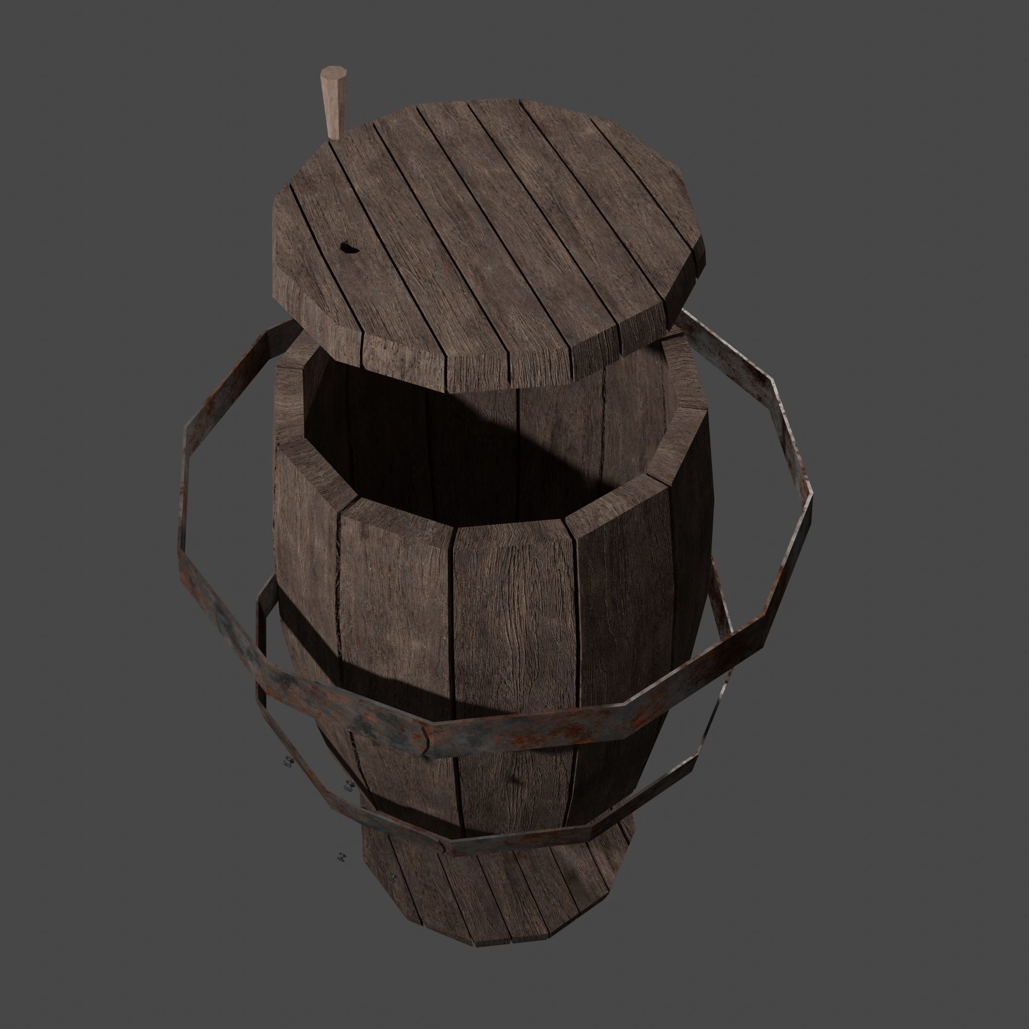 Wooden Barrel with Lids Rims Pins and Bung Low-poly 3D model_3