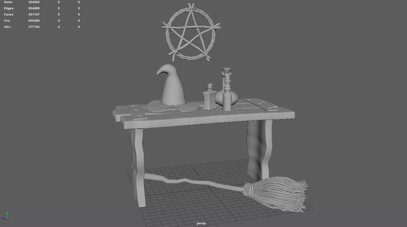 Medieval Table Witch Table Witch Item Hat Broom Pentagram 3D model
