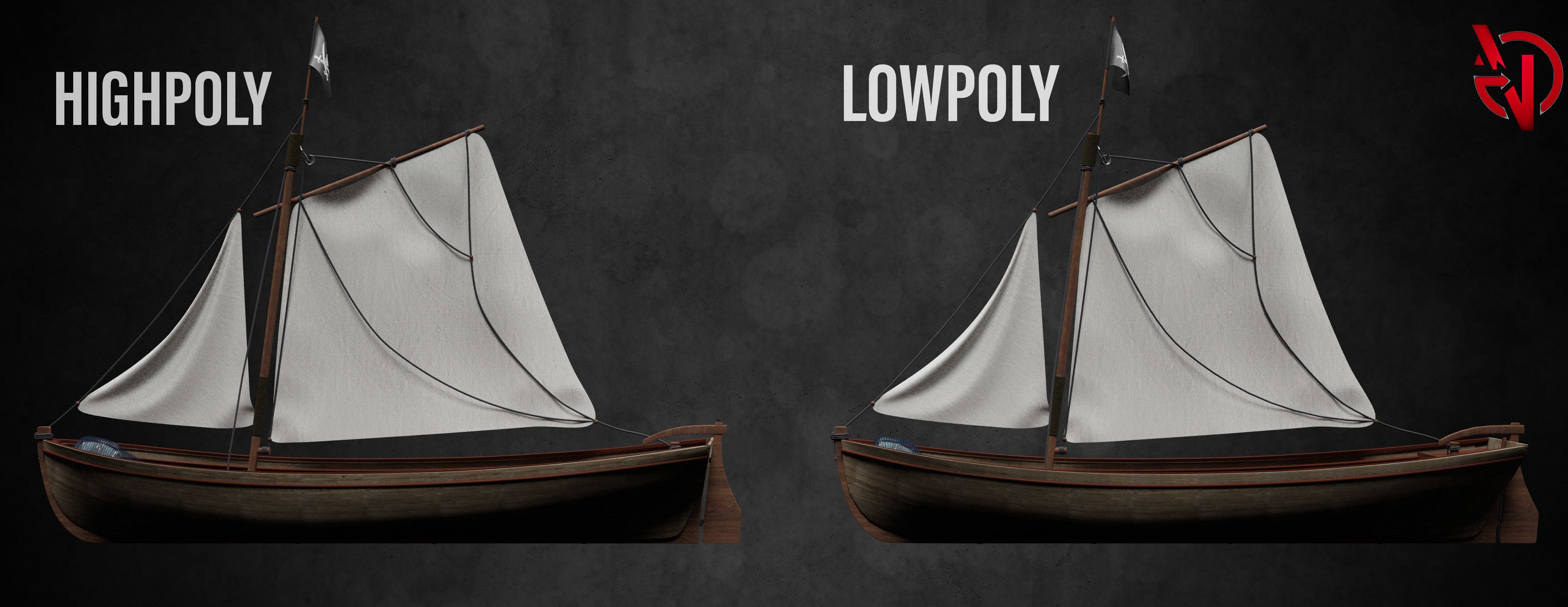 Pirate Boat no textures Low-poly 3D model_5