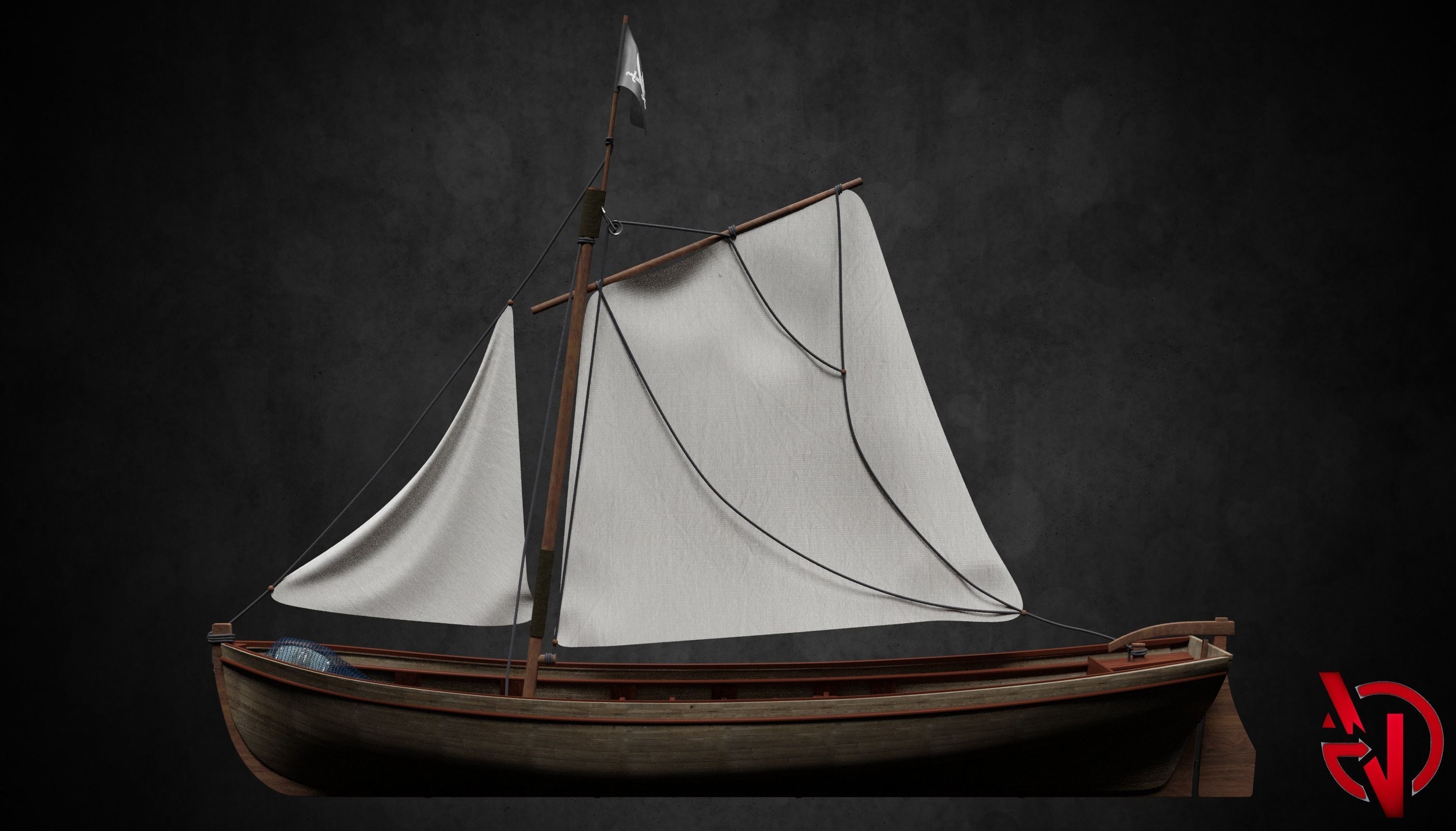 Pirate Boat no textures Low-poly 3D model_2