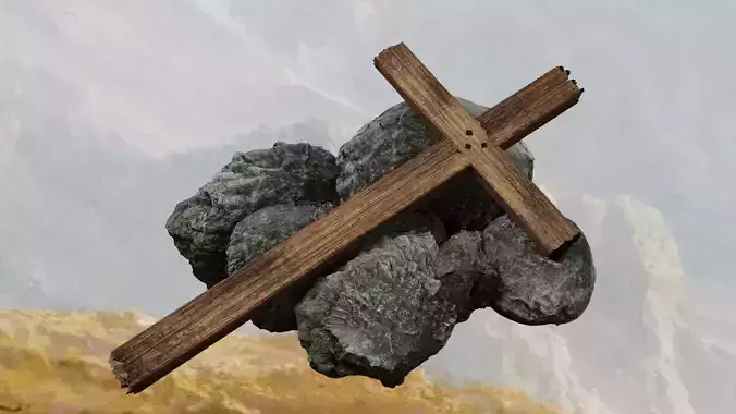 Simple wooden cross on top of boulders
