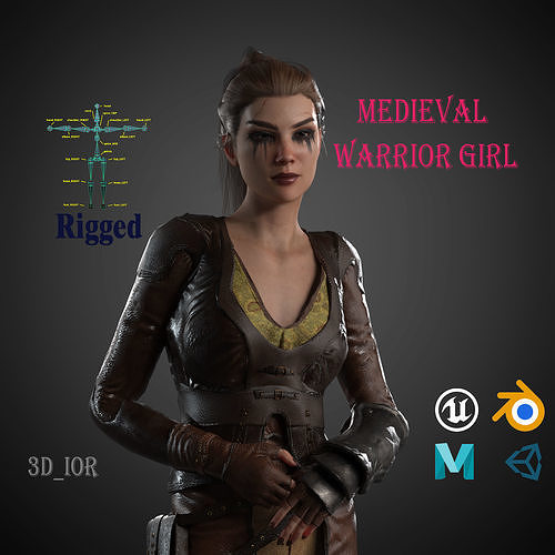 Medieval warrior girl Low-poly 3D model