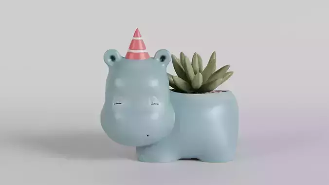 Whimsical Hippo Succulent Planter with Party Hat 3D print model