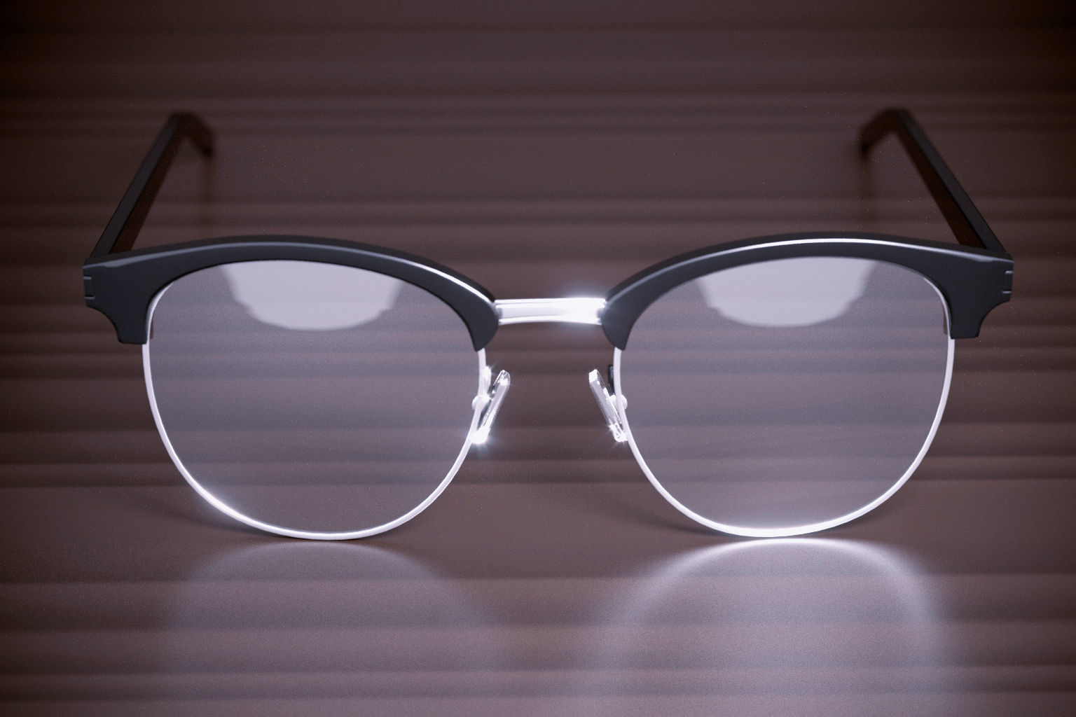 glasses pair of on wooden table 3D model_1