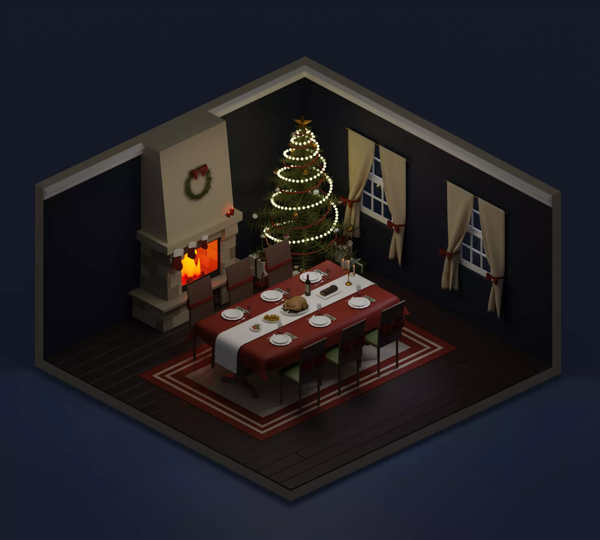 Christmas dinner Low-poly 3D model_0