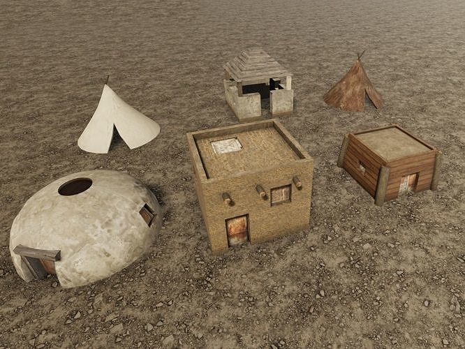 Postapocalyptic simple buildings - set of 5 Low-poly 3D model