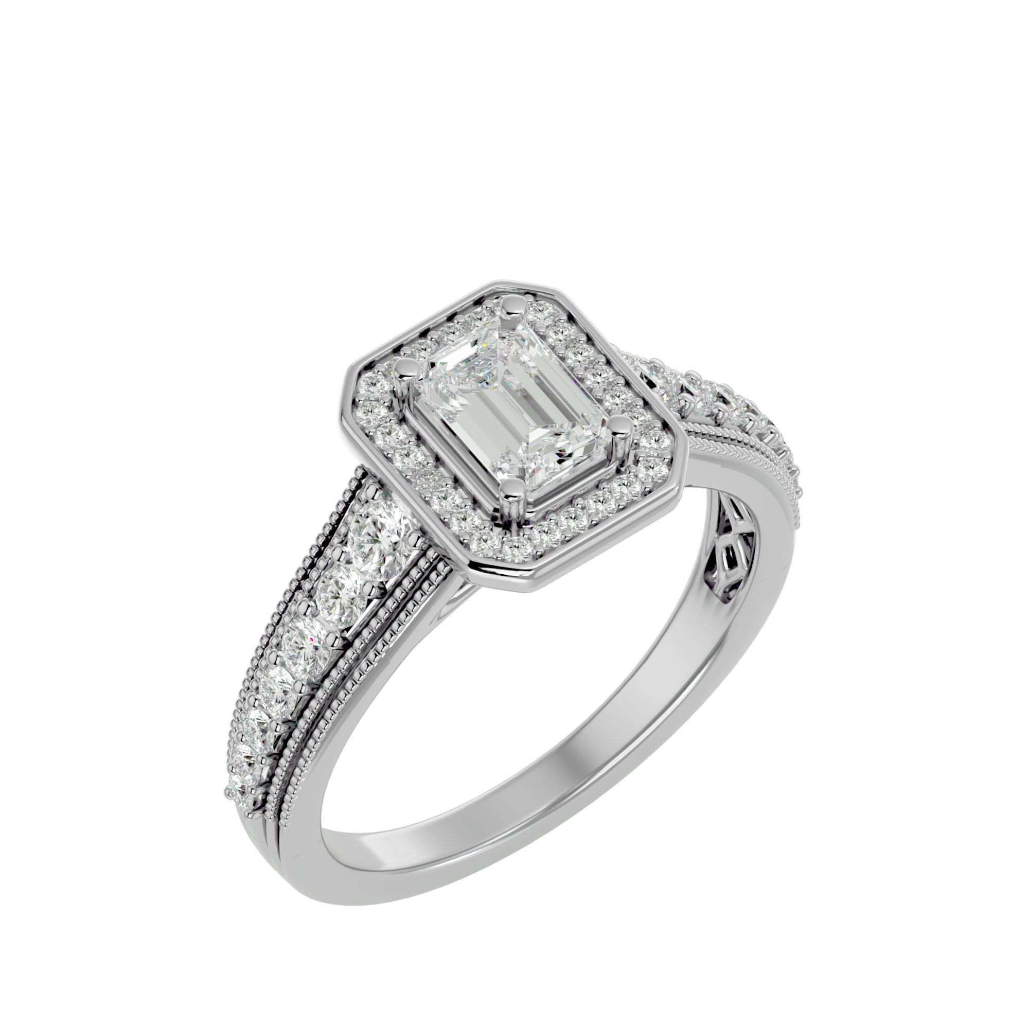 Emerald Halo solitaire wedding engagement ring with 360 view 3D print model_11