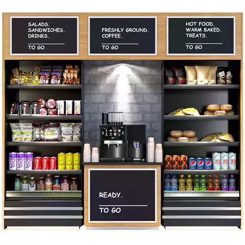 Showcase with groceries in a supermarket or airport