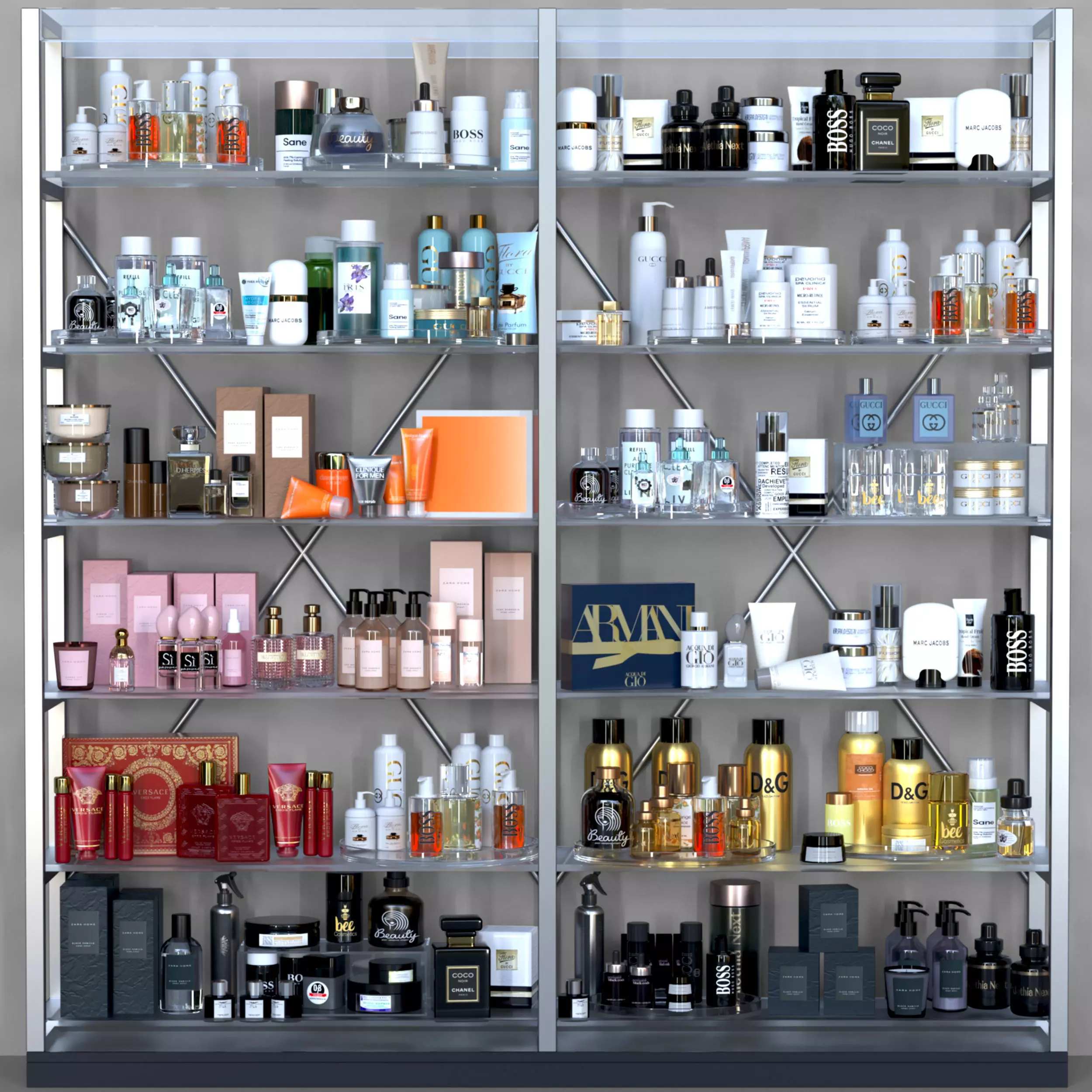 Rack with cosmetics in a beauty salon 3D model_0