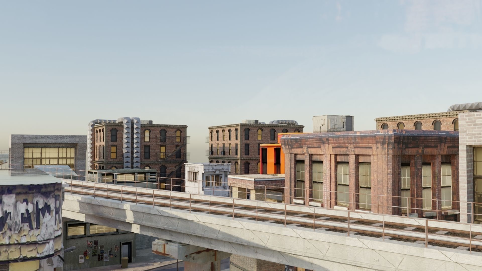 city with rail flyover Low-poly 3D model_4