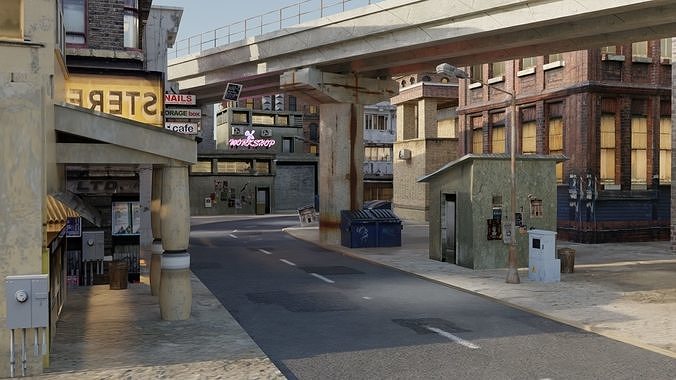 city with rail flyover Low-poly 3D model 2