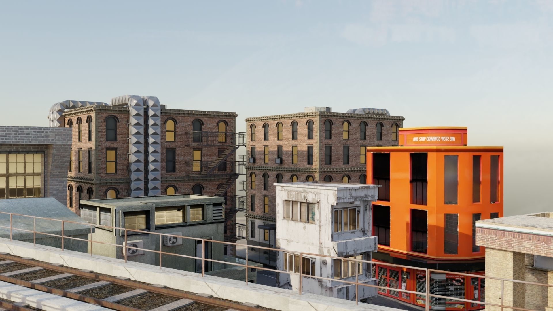 city with rail flyover Low-poly 3D model_5