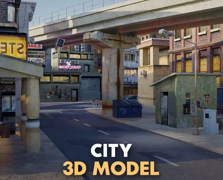 city with rail flyover Low-poly 3D model_0