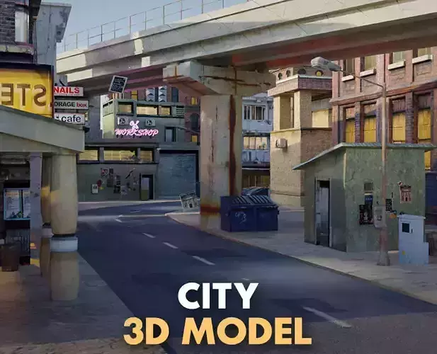 city with rail flyover Low-poly 3D model