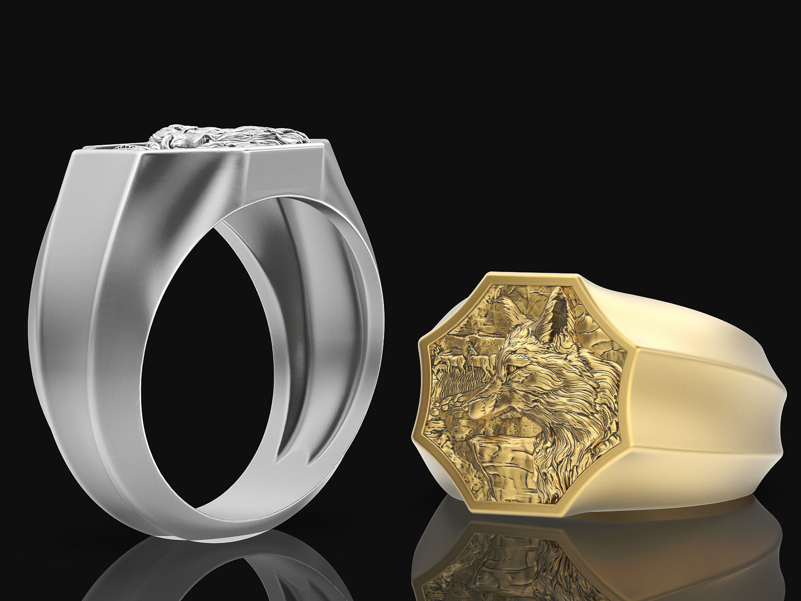 man ring wolf Silver Gold  Print 3D print model_3