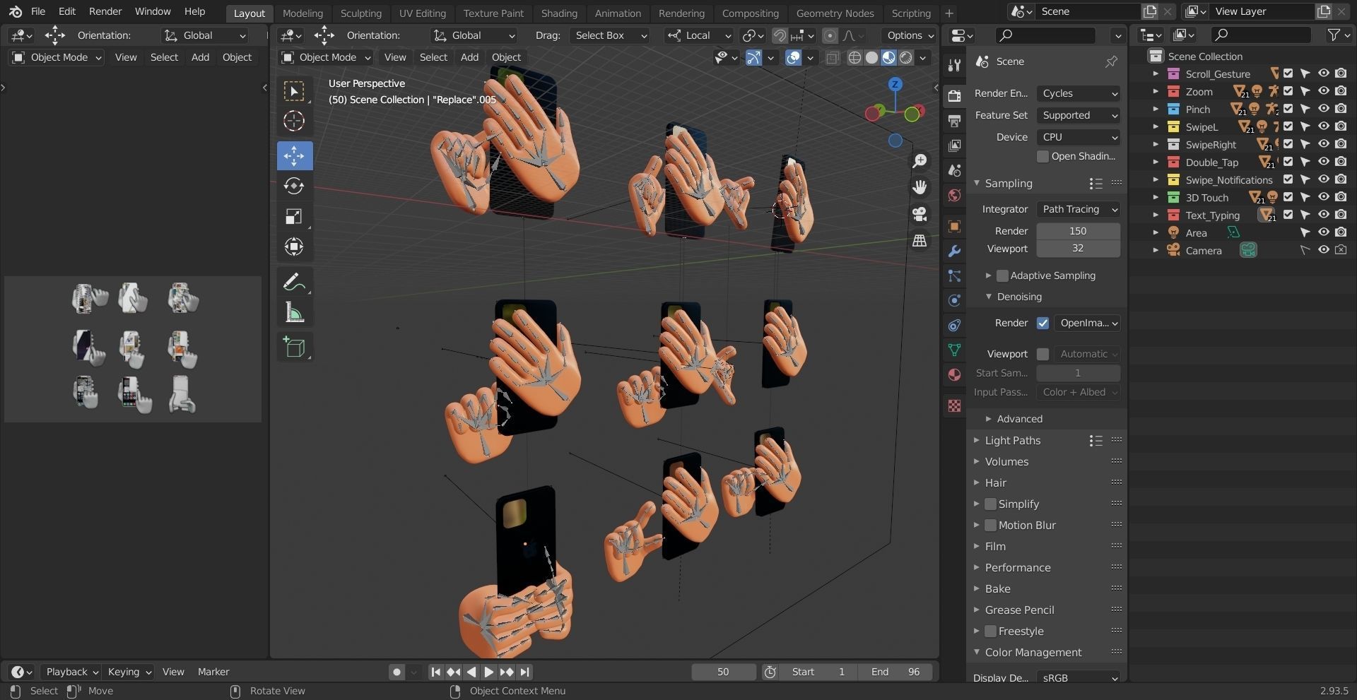 9 Animated Smartphone Gestures  Low-poly 3D model_10
