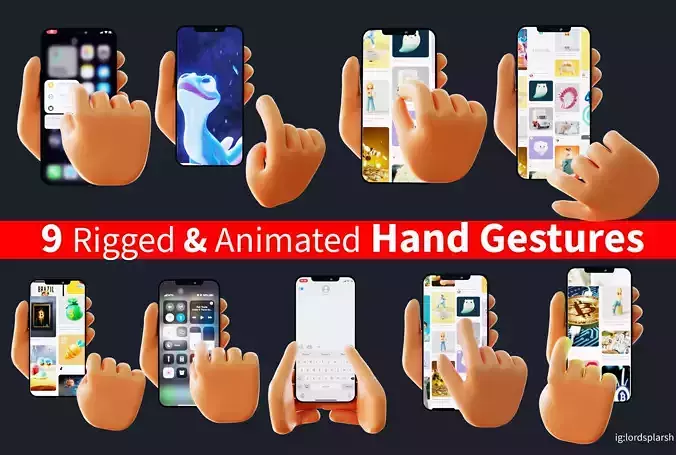 9 Animated Smartphone Gestures  Low-poly 3D model