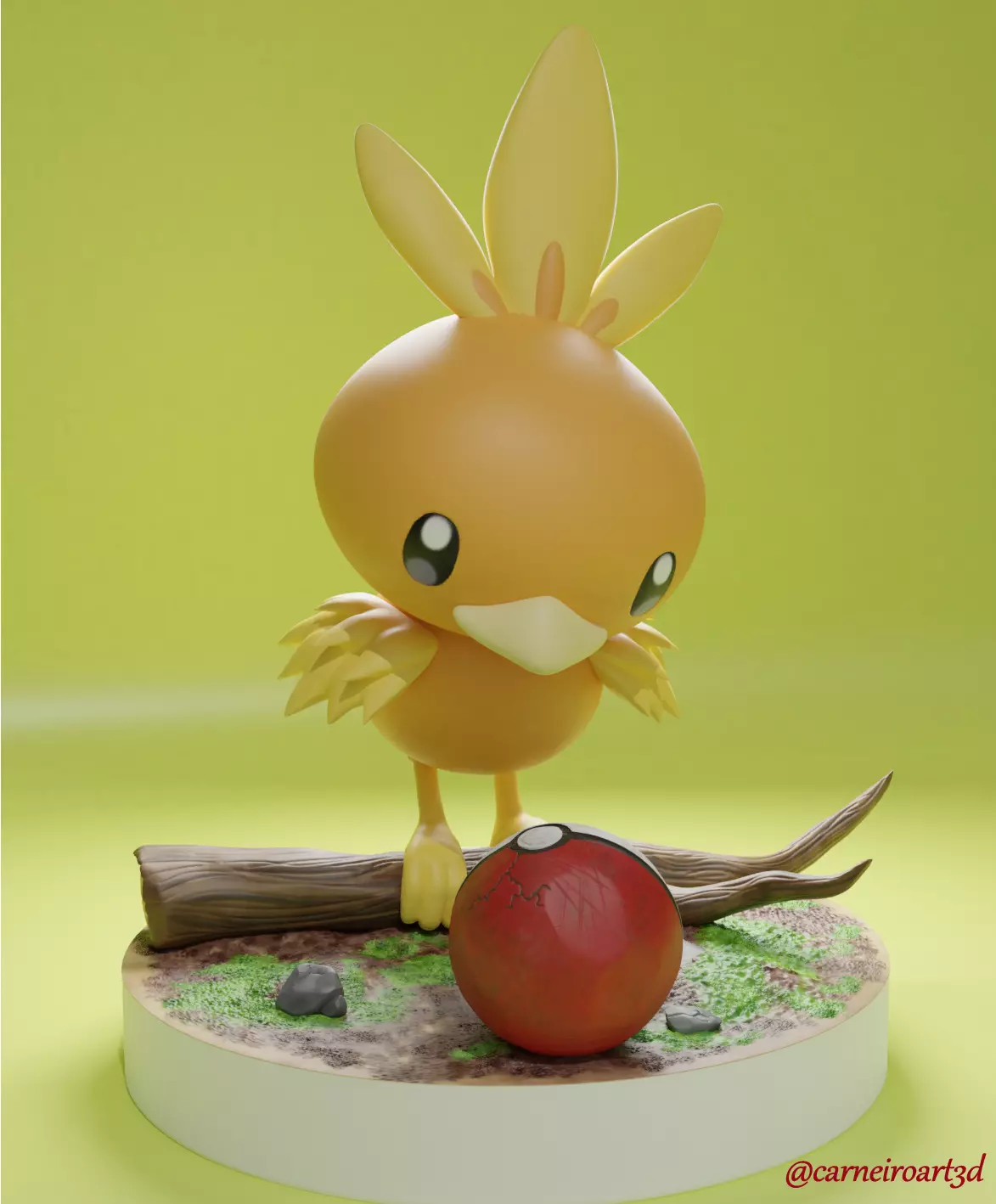 Torchic pokemon figurine on branch with ball Free 3D print model_0