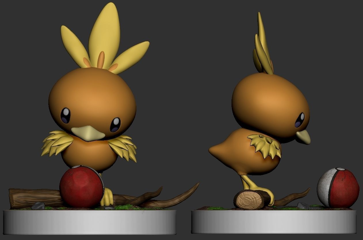 Torchic pokemon figurine on branch with ball Free 3D print model_1