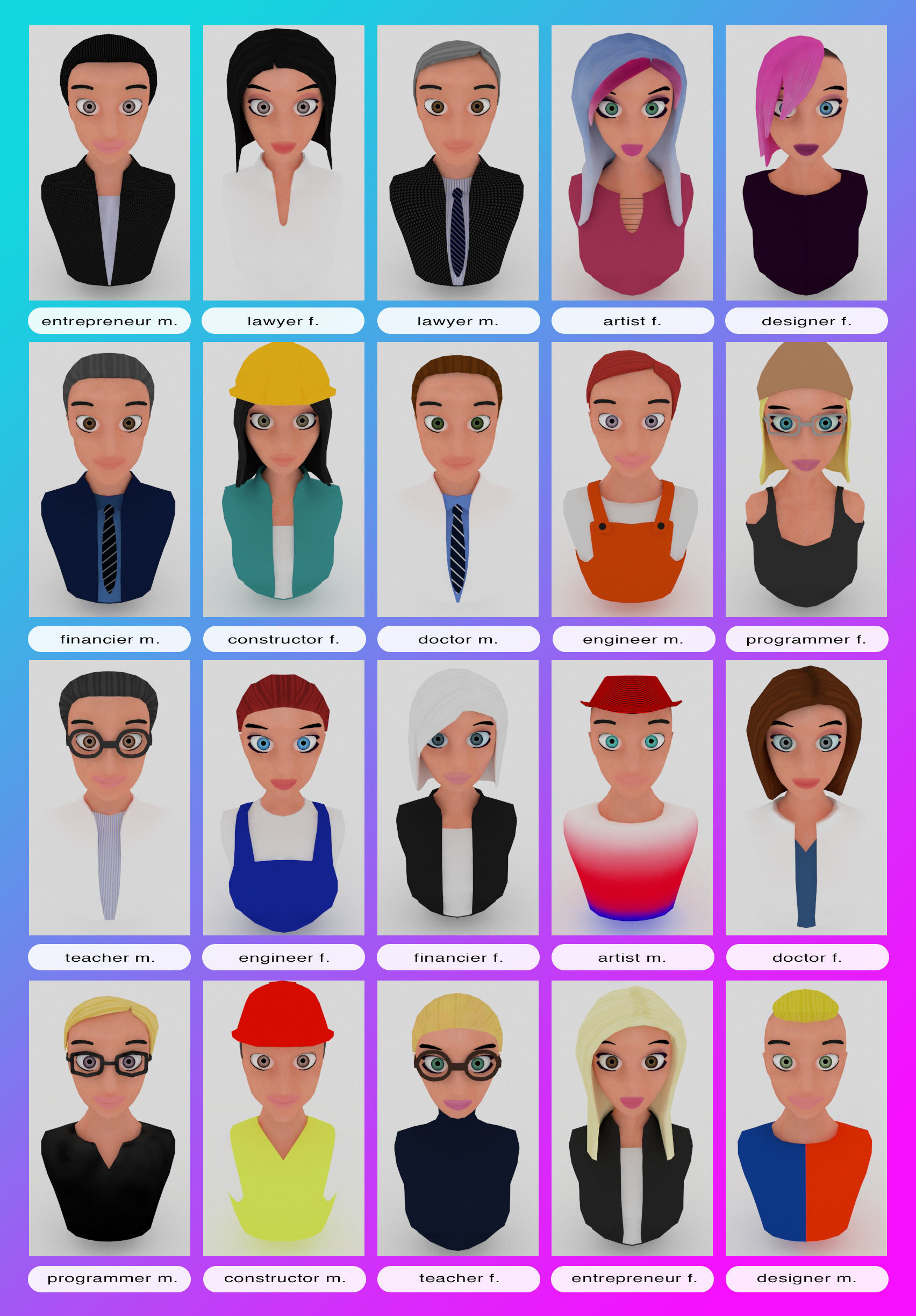 20 male-female VR character avatars Low-poly 3D model_4