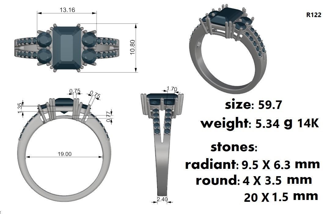 Radiant Shape Double Pave Engagement Ring  With Round Diamonds 3D print model_1