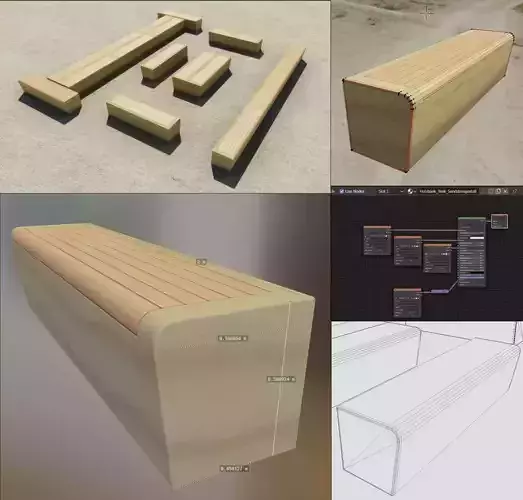 Bench 9 Oak Wood With Sandstone Foundation Low-poly 3D model