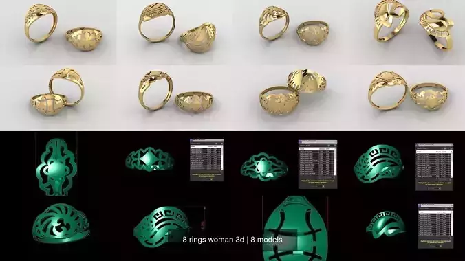 8 rings woman 3d