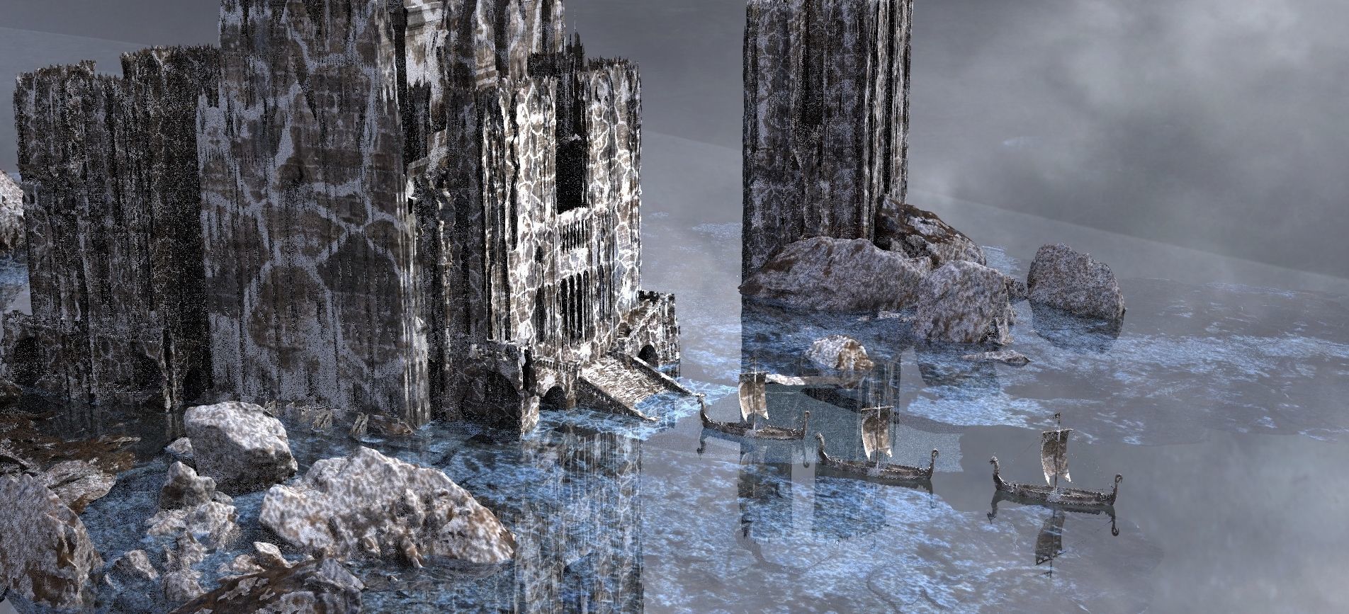 Ancient Frozen Viking Halls With ships 3D model_5