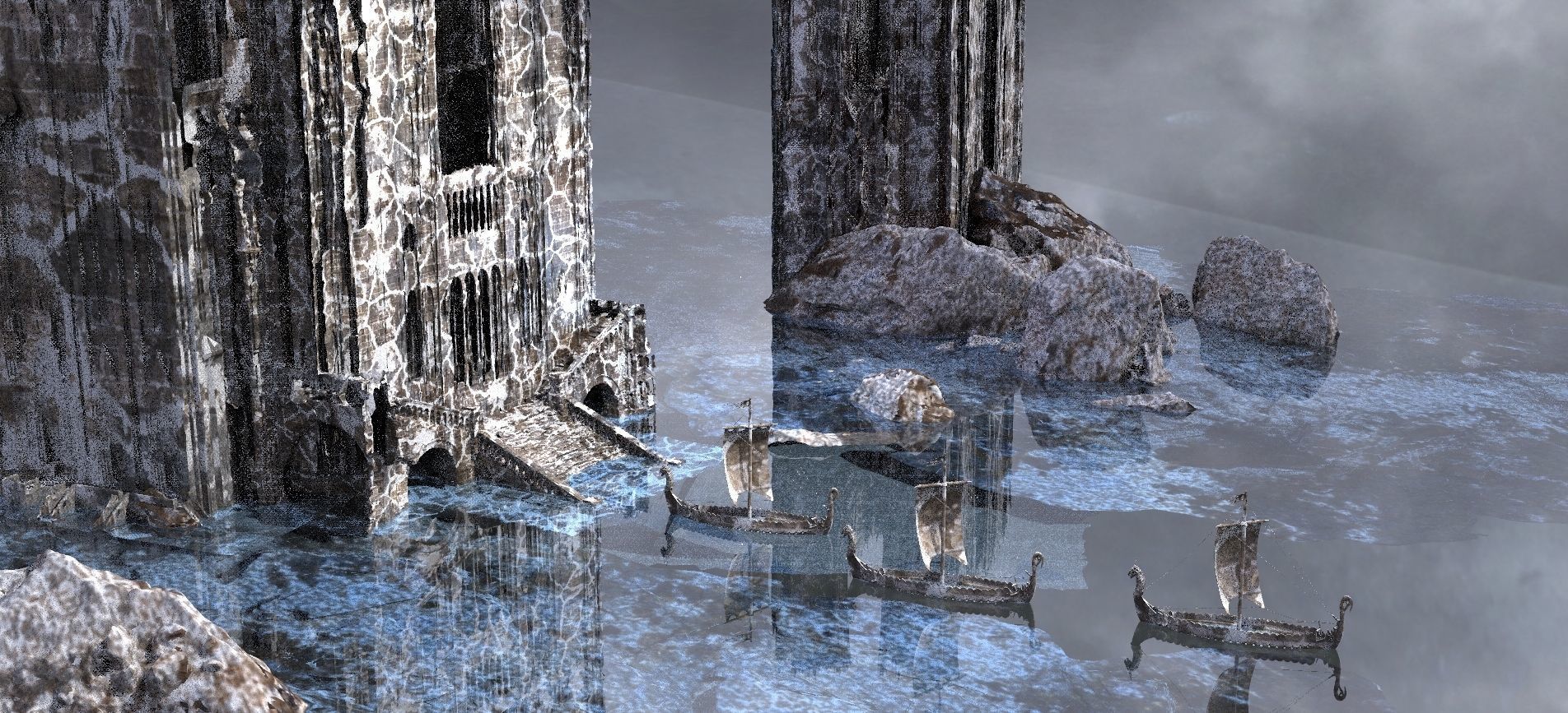 Ancient Frozen Viking Halls With ships 3D model_6