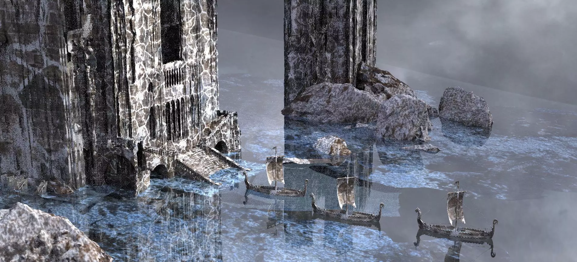 Ancient Frozen Viking Halls With ships 3D model_0