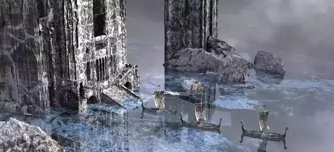 Ancient Frozen Viking Halls With ships 3D model