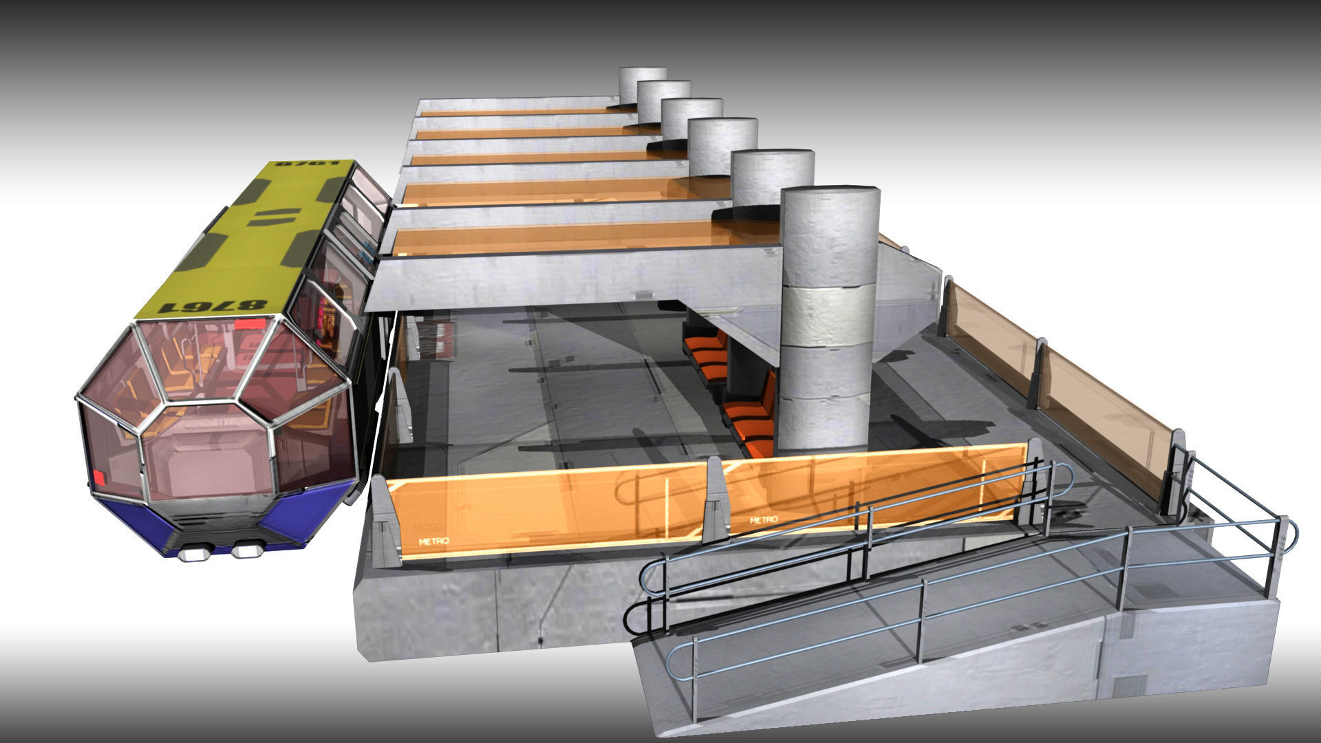 SciFi Tram Station Pack Low-poly 3D model_10