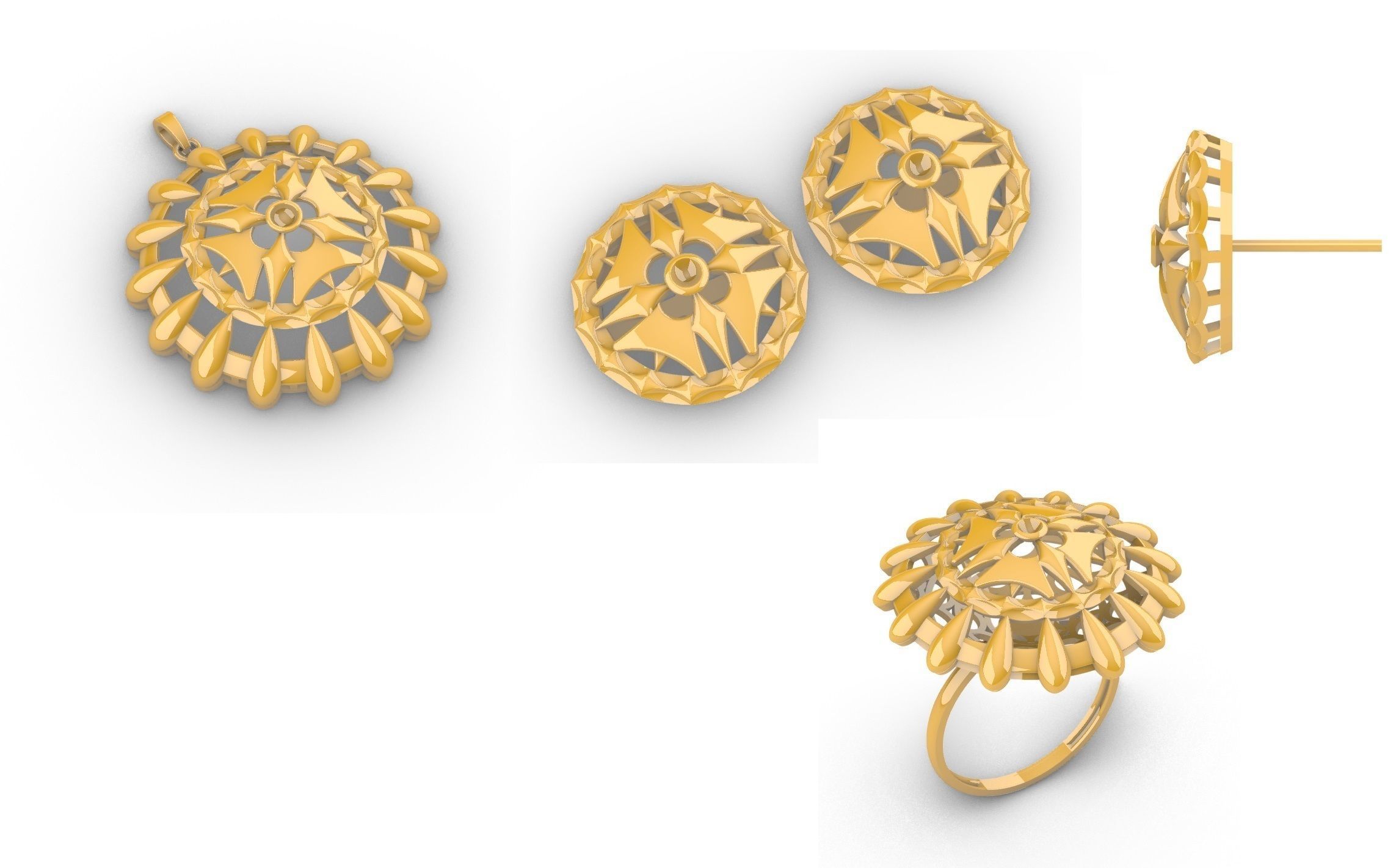 Geometric Mandala Pendant Set With Ring 3D print model_1