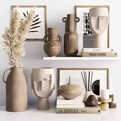 Decorative set vases and books on shelf