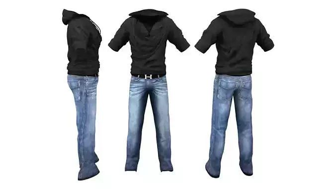 Male Jeans With Cowl Neck Hoodie Top Low-poly 3D model