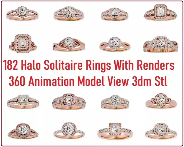 182 Halo solitaire wedding engagement ring with 360 view 3D Model Collection