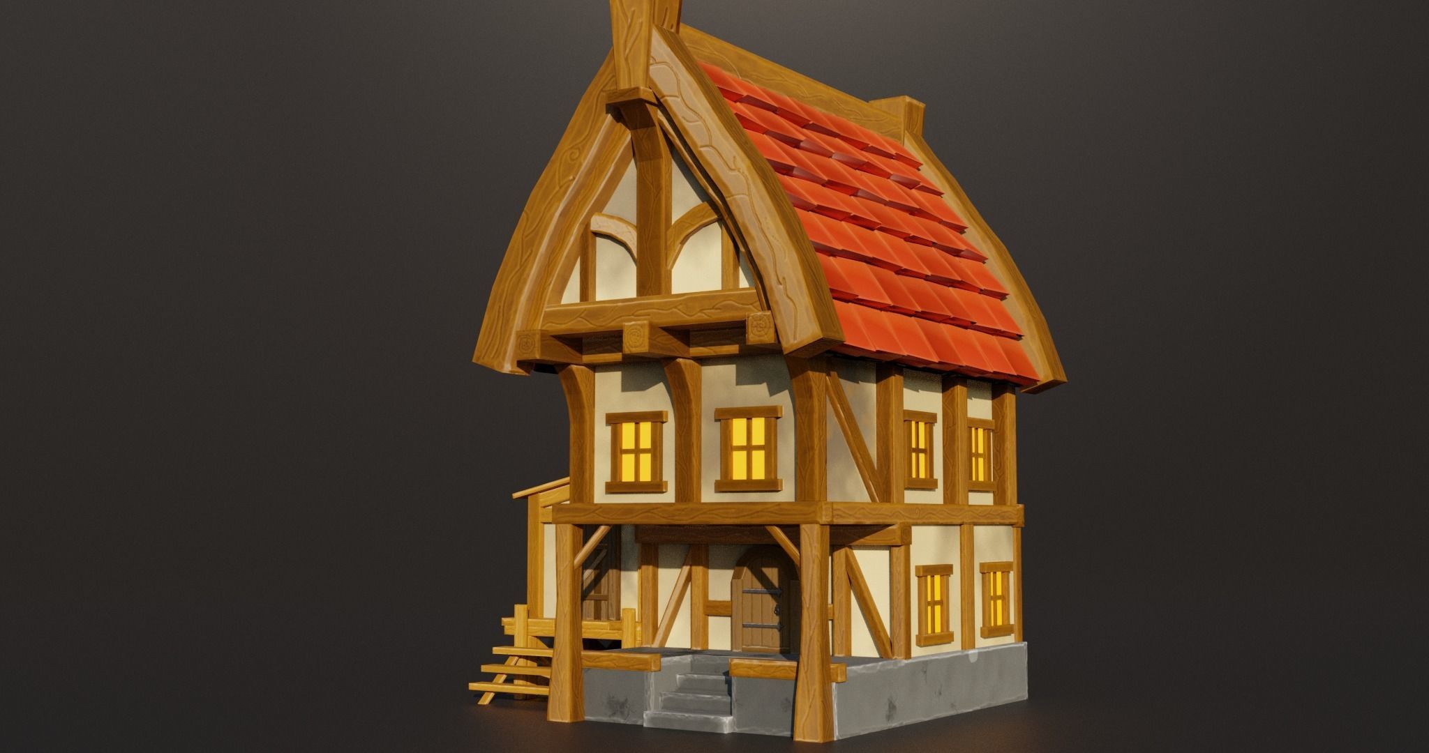 Stylized medieval house Low-poly 3D model_2