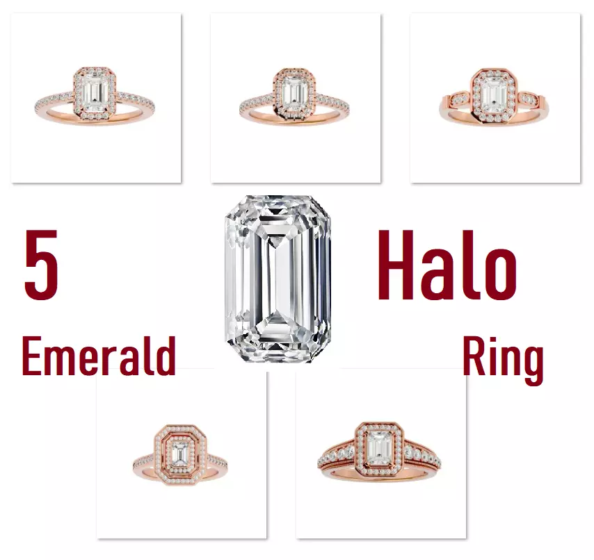 5 Emerald Halo solitaire wedding engagement ring with 360 view 3D Model Collection_0