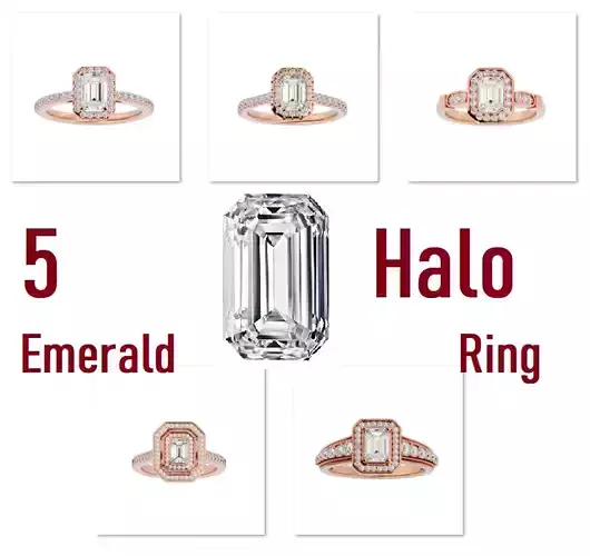 5 Emerald Halo solitaire wedding engagement ring with 360 view 3D Model Collection