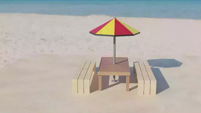 Beach table with umbrella and bench