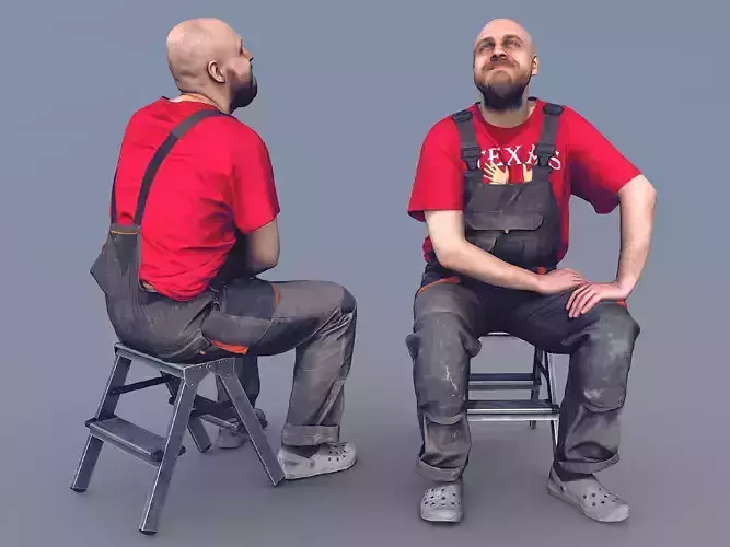 Photorealistic Bald Worker in Overalls and Red T-shirt Sitting 3D model