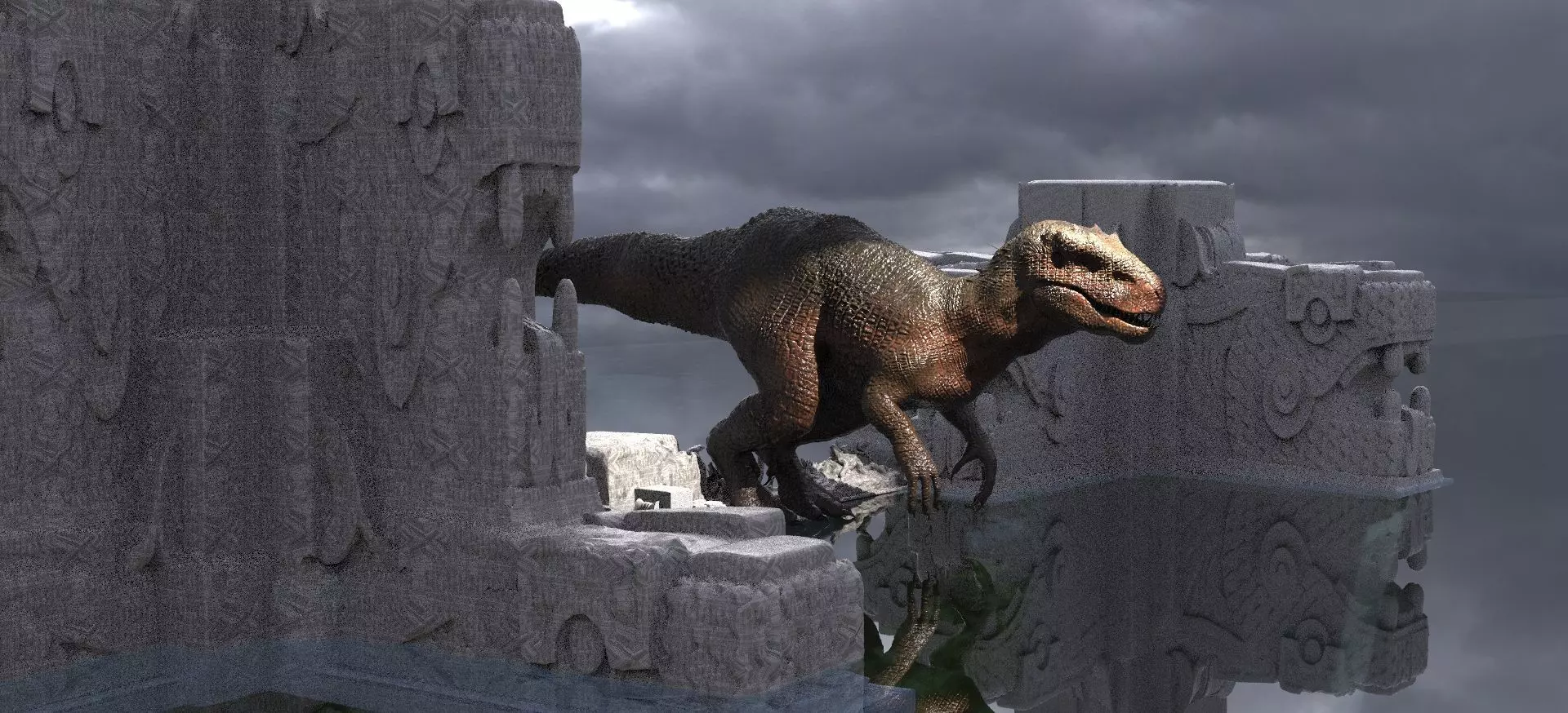Tyrannosaurus rex  In Mayan Temple ruins Kit bash 3D model_0
